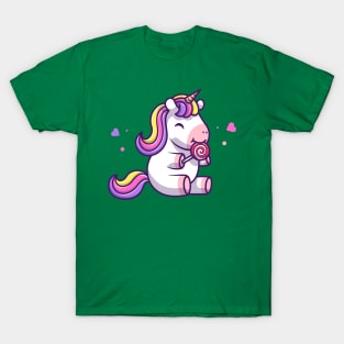 Cute Unicorn Eating Lollipop Cartoon (2) T-Shirt